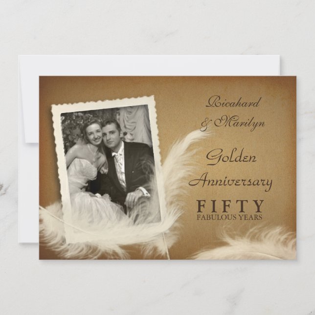 50th Anniversary Fancy Feather Photo Invitations (Front)