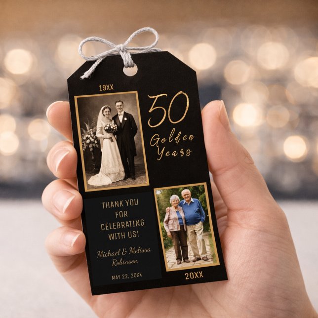 50th Anniversary Favour Tag – Then and Now Photo (Favor tag shown in hand for realistic size and scale reference.)