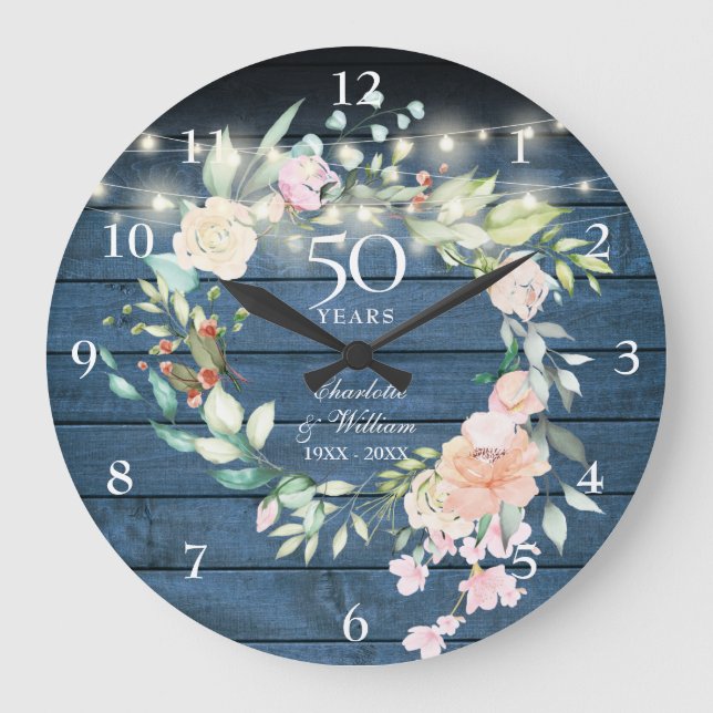 50th Anniversary Floral Blue Rustic String Lights Large Clock (Front)