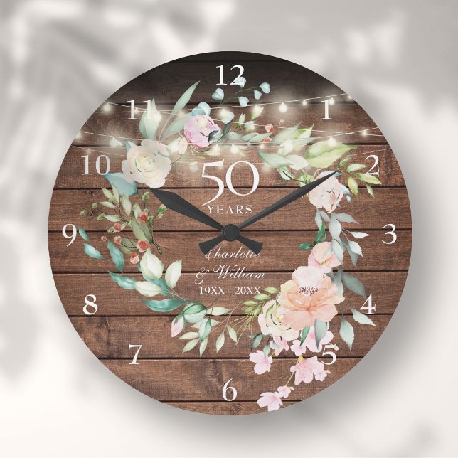 50th Anniversary Floral Rustic Wood String Lights Large Clock (50th Anniversary Floral Rustic Wood String Lights Large Clock)