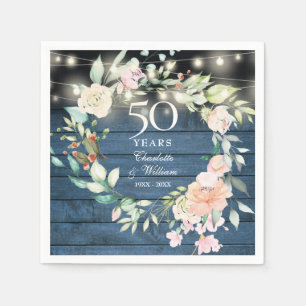 50th Anniversary Floral String Lights Blue Rustic Napkin