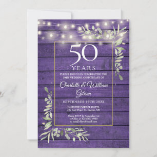 50th Anniversary Floral String Lights Purple Wood  Invitation