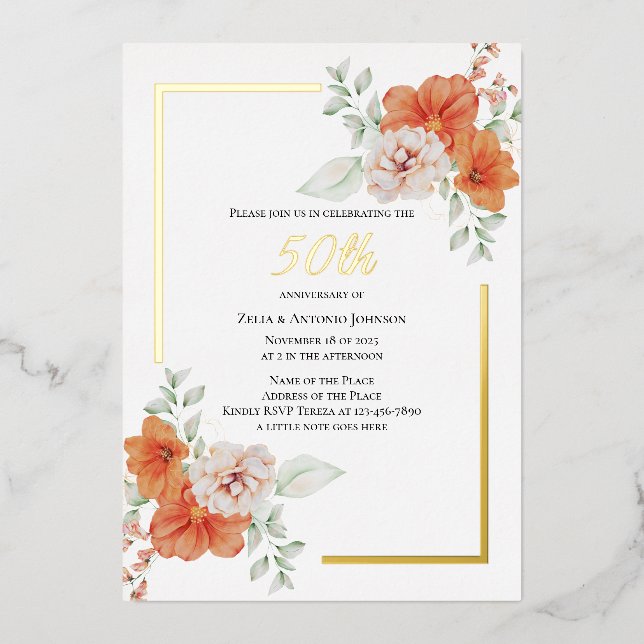 50th Anniversary Floral Wreath Foil Invitation (Front)