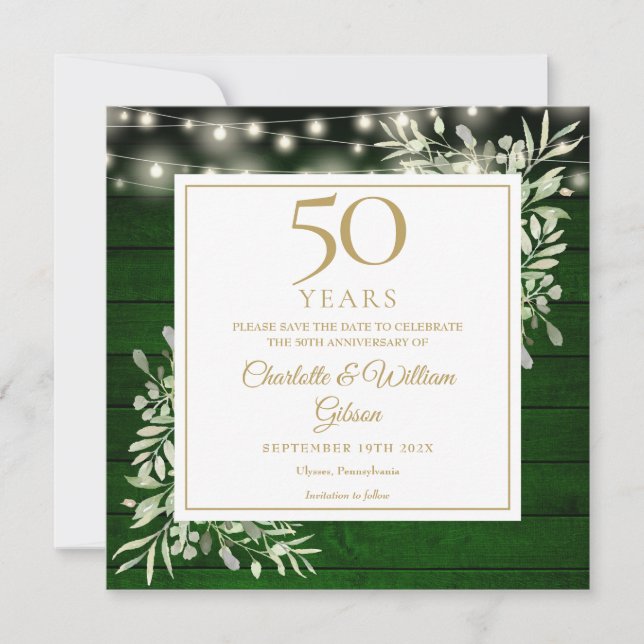 50th Anniversary Foliage Green Wood Lights Square Save The Date (Front)