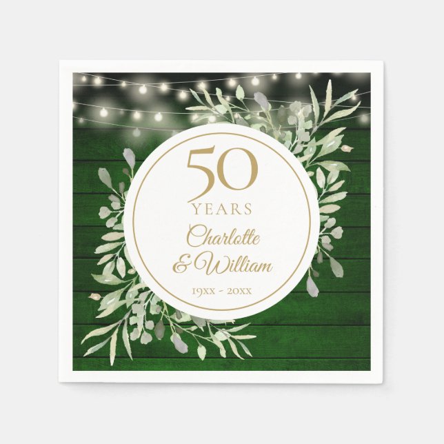 50th Anniversary Foliage Green Wood String Lights Napkin (Front)