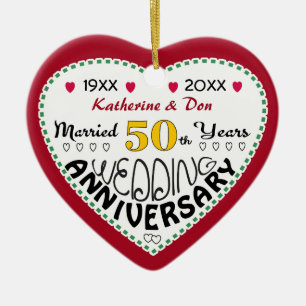 50th Anniversary Gift Heart Shaped Christmas Ceramic Ornament