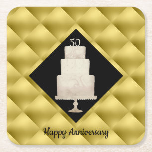 50th Anniversary Gold 3 Tier Cake Square Paper Coaster