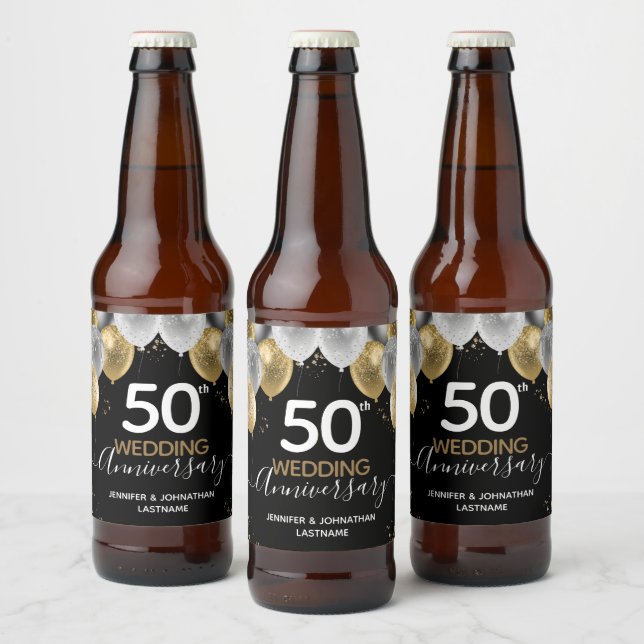 50th Anniversary Gold Balloons Beer Bottle Label (Bottles)