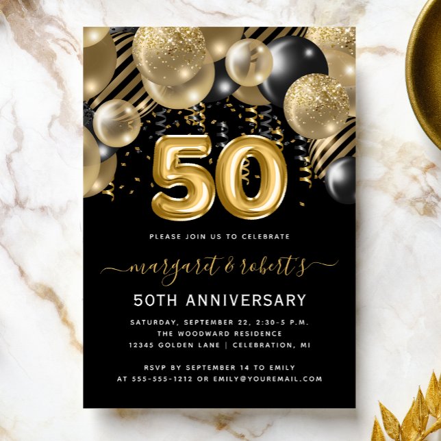 50th Anniversary Gold Black Balloon Arch Party Invitation (Creator Uploaded)