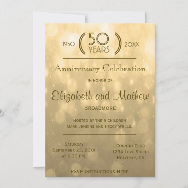 50th Anniversary | Gold Bokeh Lights Invitation (Front)