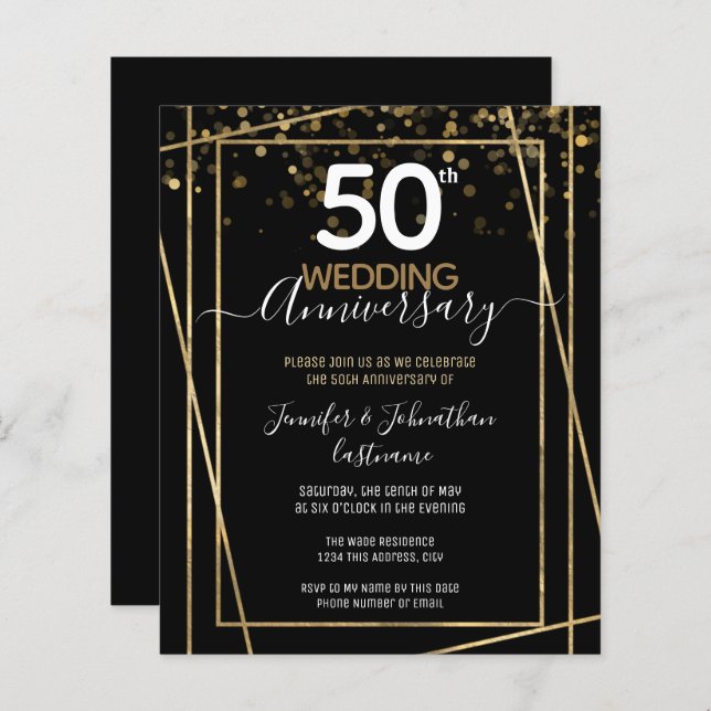 50th Anniversary Gold Border Budget Invitations (Front/Back)