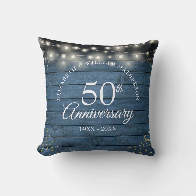 50th Anniversary Gold Dust String Lights Rustic Cushion (Front)