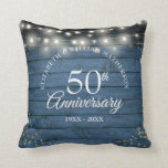 50th Anniversary Gold Dust String Lights Rustic Cushion<br><div class="desc">Featuring string lights and gold dust confetti on a blue rustic wood panels background. Personalise with your special fifty years golden anniversary information in chic lettering. Designed by Thisisnotme©</div>