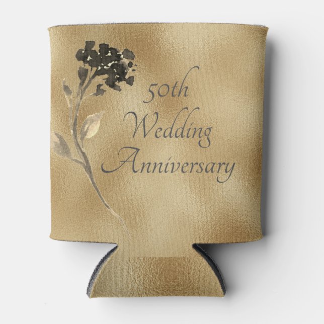 50th Anniversary Gold Floral Elegant Can Cooler (Front)