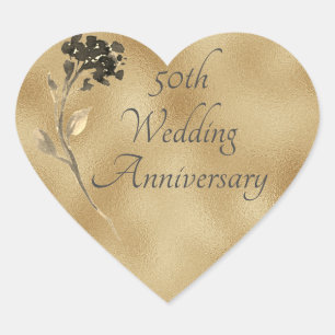 50th Anniversary Gold Floral Elegant Heart Sticker