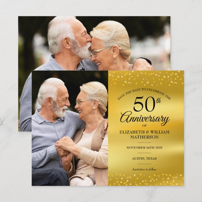 50th Anniversary Gold Foil Save the Date 2 Photo Announcement Postcard (Front/Back)