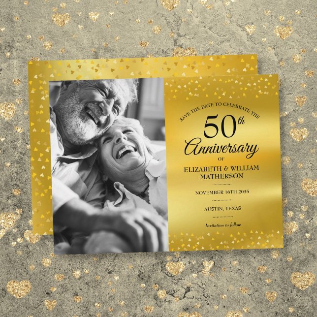 50th Anniversary Gold Foil Save the Date Photo Announcement Postcard (50th Anniversary Gold Foil Save the Date Photo Announcement Postcard)
