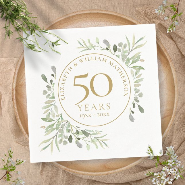 50th Anniversary Gold Greenery Leaves Watercolor Napkin (50th Anniversary Gold Greenery Leaves Watercolor Napkins)