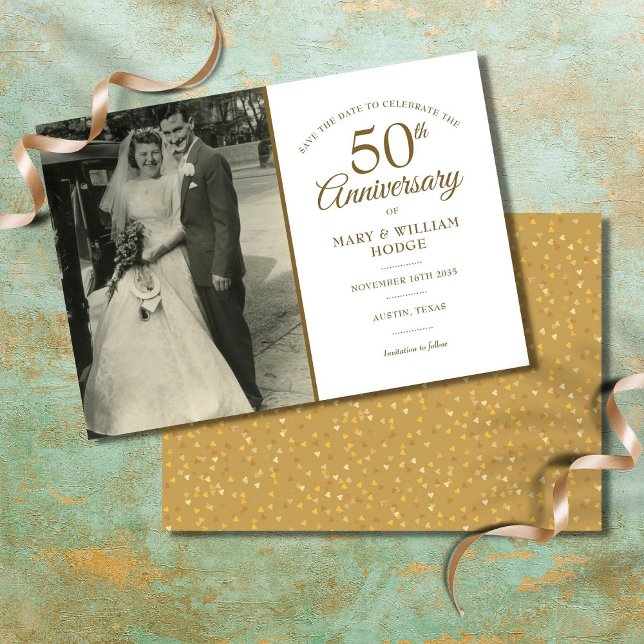50th Anniversary Gold Heart Confetti Wedding Photo Save The Date (Creator Uploaded)