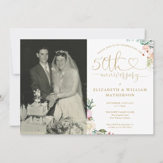 50th Anniversary Gold Heart Floral Monogram Photo Invitation (Front)