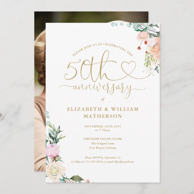 50th Anniversary Gold Heart Floral Photo Invitation (Front/Back)