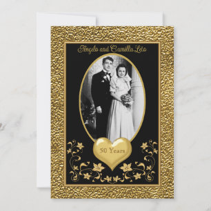 50th Anniversary, Gold Heart Invitation - Black