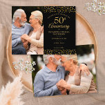 50th Anniversary Gold Hearts 2 Photo Save the Date Announcement Postcard<br><div class="desc">Featuring delicate gold hearts confetti on a black background. You can personalise with your 2 special photos and fifty years golden anniversary celebration save the date details in elegant modern typography. Designed by Thisisnotme©</div>