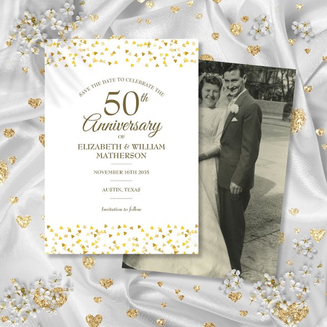 50th Anniversary Gold Hearts Photo Save the Date Invitation (50th Anniversary Gold Hearts Photo Save the Date Invitation)