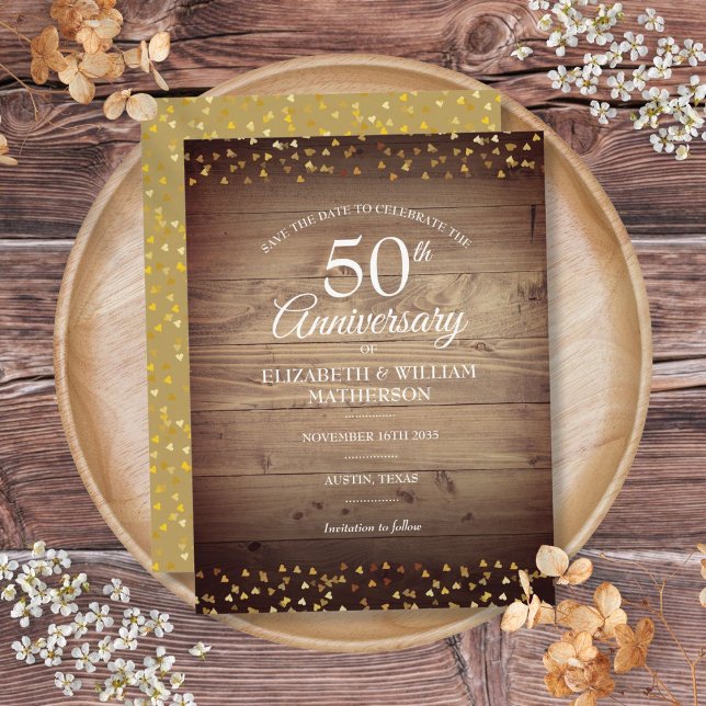 50th Anniversary Gold Hearts Rustic Save the Date Announcement Postcard (50th Anniversary Gold Hearts Rustic Save the Date Announcement Postcard)
