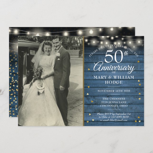 50th Anniversary Gold Hearts Rustic Wedding Photo Invitation (Front/Back)