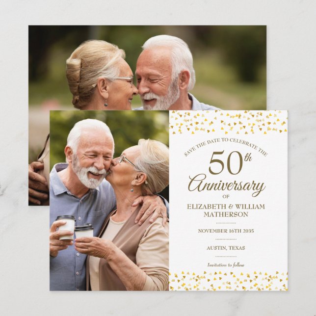 50th Anniversary Gold Hearts Save the Date 2 Photo Announcement Postcard (Front/Back)
