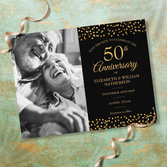 50th Anniversary Gold Hearts Save the Date Photo Announcement Postcard (Creator Uploaded)