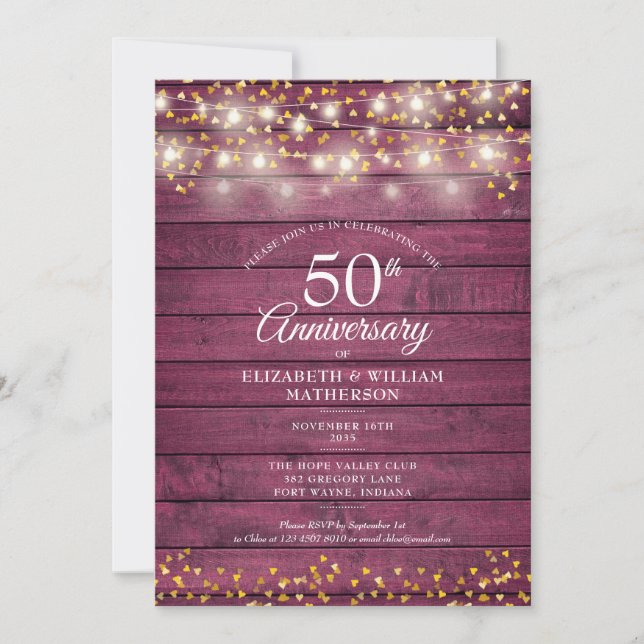 50th Anniversary Gold Hearts String Lights Rustic Invitation (Front)