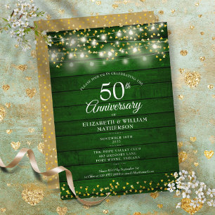 50th Anniversary Gold Hearts String Lights Wood Invitation