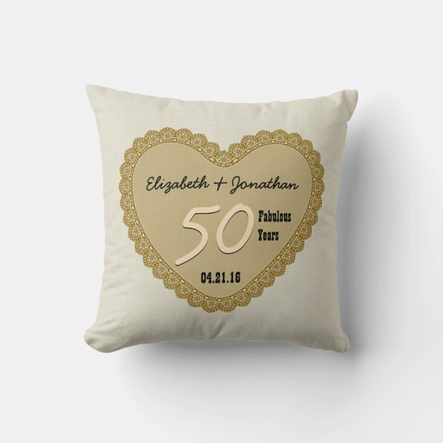 50th Anniversary Gold Lace Heart Custom Names V01 Cushion (Front)