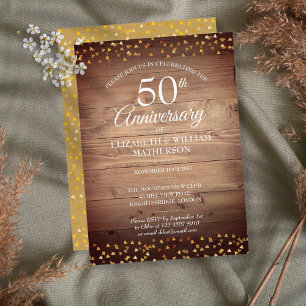 50th Anniversary Gold Love Hearts Rustic Wood Invitation