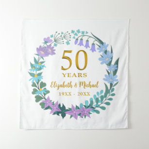 50th Anniversary Golden Floral Bluebells Wreath Tapestry