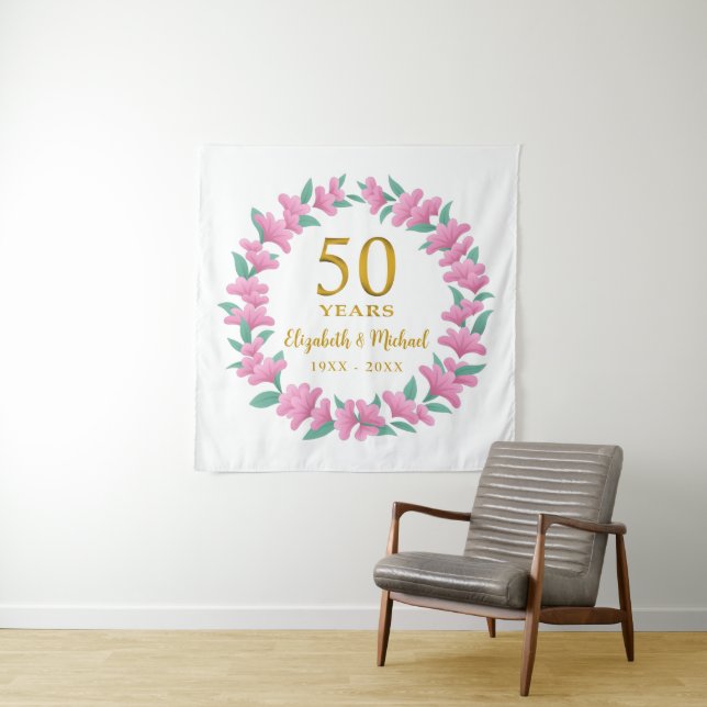 50th Anniversary Golden Floral Pink Wreath Tapestry (In Situ)