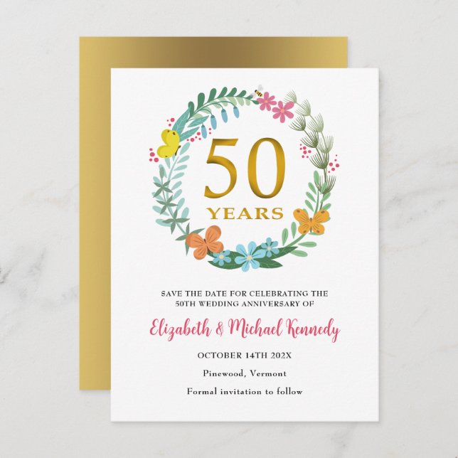 50th Anniversary Golden Floral Save the Date Announcement Postcard (Front/Back)