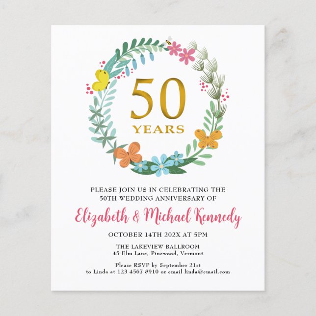 50th Anniversary Golden Floral Wreath Invitation (Front)