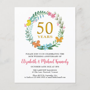 50th Anniversary Golden Floral Wreath Invitation