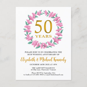 50th Anniversary Golden Floral Wreath Invitation Postcard