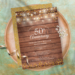 50th Anniversary Golden Hearts String Lights Wood Invitation
