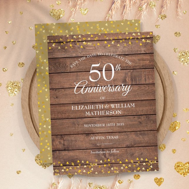 50th Anniversary Golden Hearts Wood Save the Date  Announcement Postcard (Creator Uploaded)