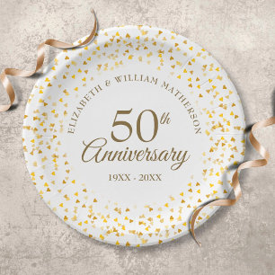 50th Anniversary Golden Love Hearts Confetti Paper Plate