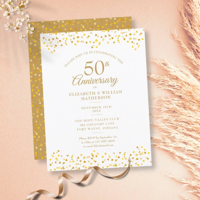 50th Anniversary Golden Love Hearts Invitation Postcard (Creator Uploaded)
