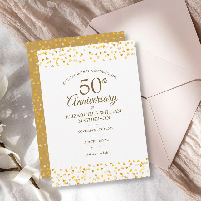 50th Anniversary Golden Love Hearts Save the Date Invitation (Creator Uploaded)