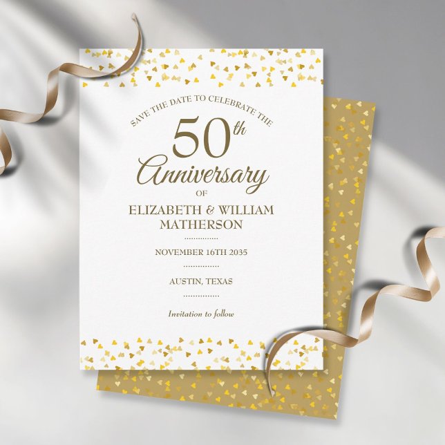 50th Anniversary Golden Love Hearts Save the Date Postcard (Creator Uploaded)