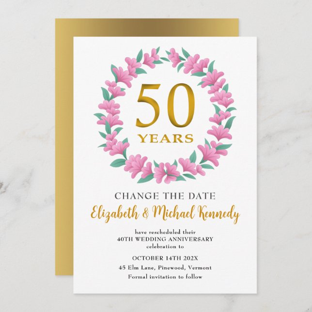 50th Anniversary Golden Pink Floral Change Date Invitation (Front/Back)