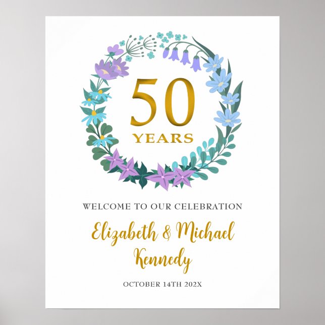50th Anniversary Golden Welcome Floral Wreath Sign (Front)